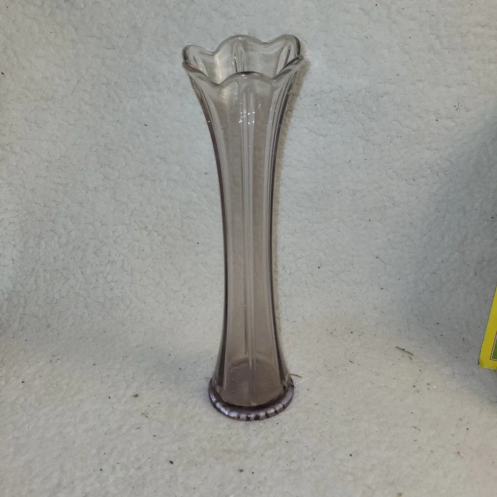 Vintage Smoke Glass Bud Vase Art Deco Scalloped Rim Tall Fluted 12